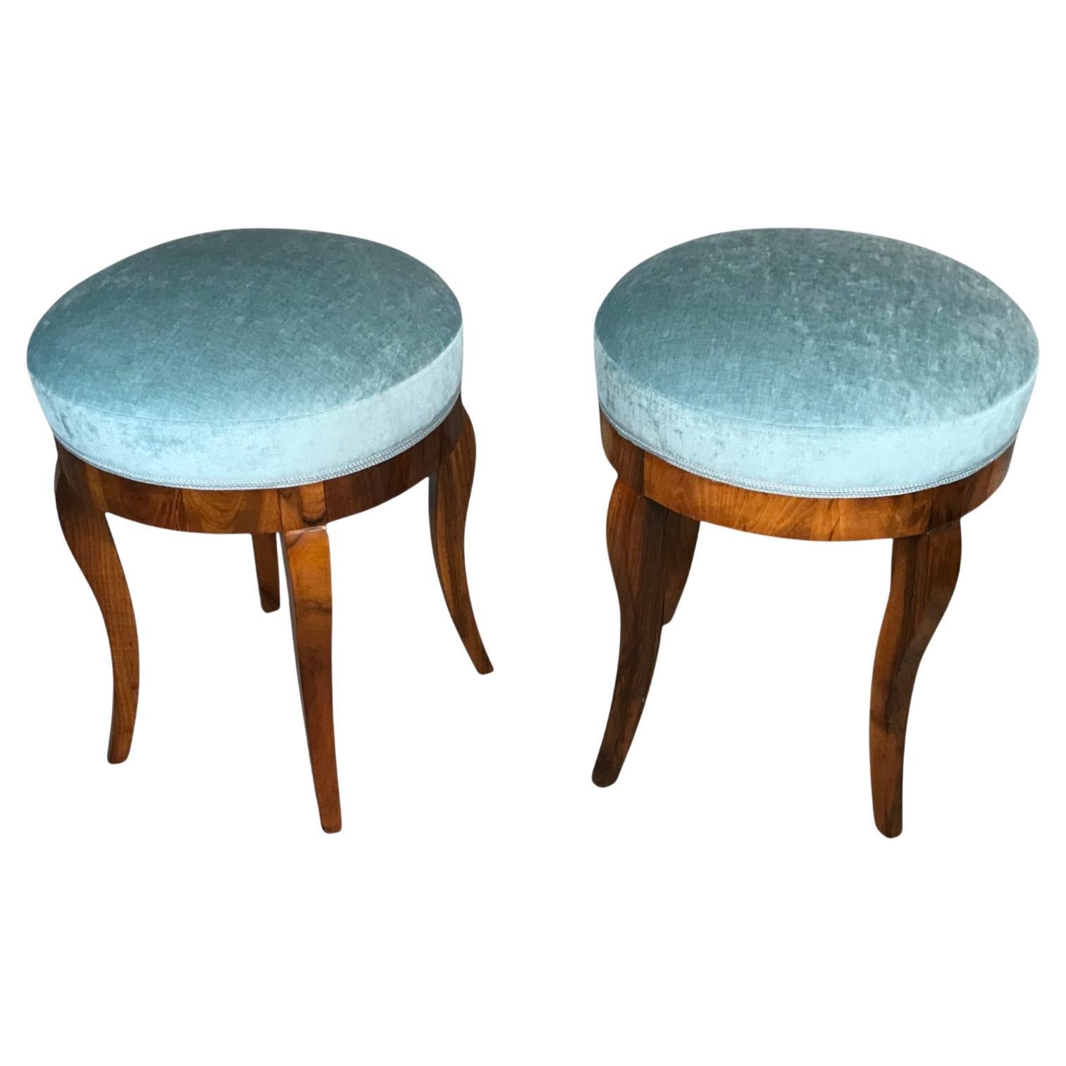 A Pair of Biedermeier Stools, 1820, Walnut Veneer, Refinished