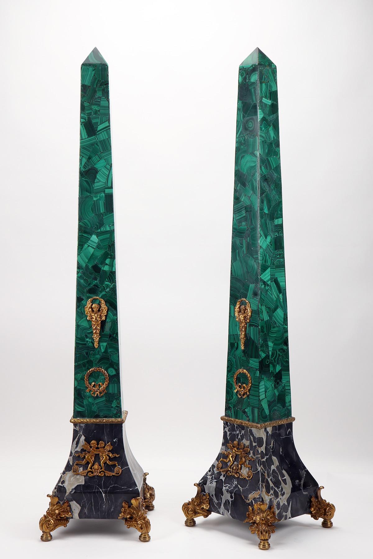 Russian Pair of Big Malachite Obelisks, Russia 1880