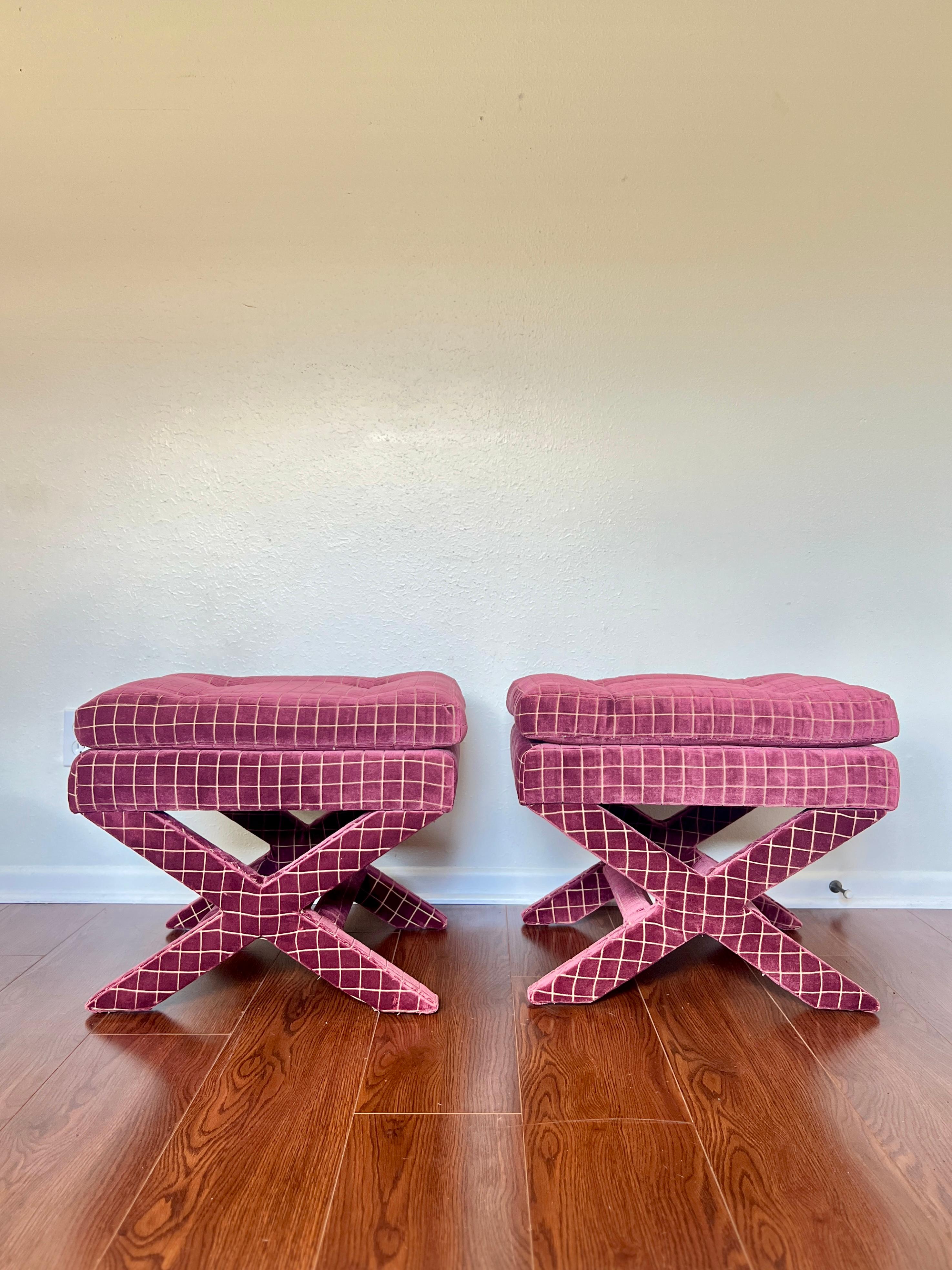 Pair of Billy Baldwin Style X-Base Ottomans Upholstered GP & J Baker Velvet 6