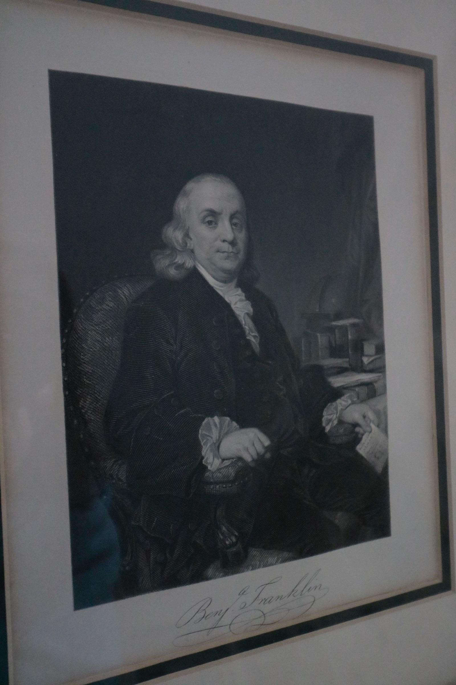 Hollywood Regency Pair of Black and White Regal Prints, George Washington and Ben Franklin For Sale