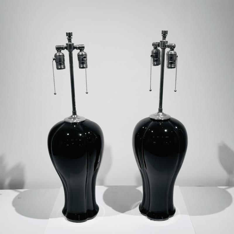 American A Pair of Black Ceramic & Nickel Table Lamps For Sale
