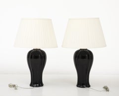 A Pair of Black Ceramic & Nickel Table Lamps