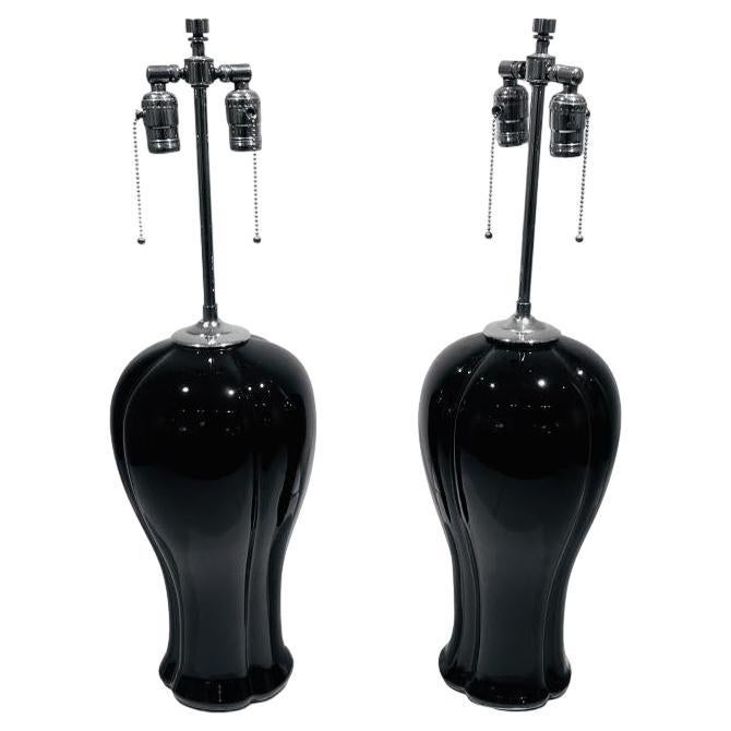 A Pair of Black Ceramic & Nickel Table Lamps For Sale