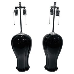 A Pair of Black Ceramic & Nickel Table Lamps