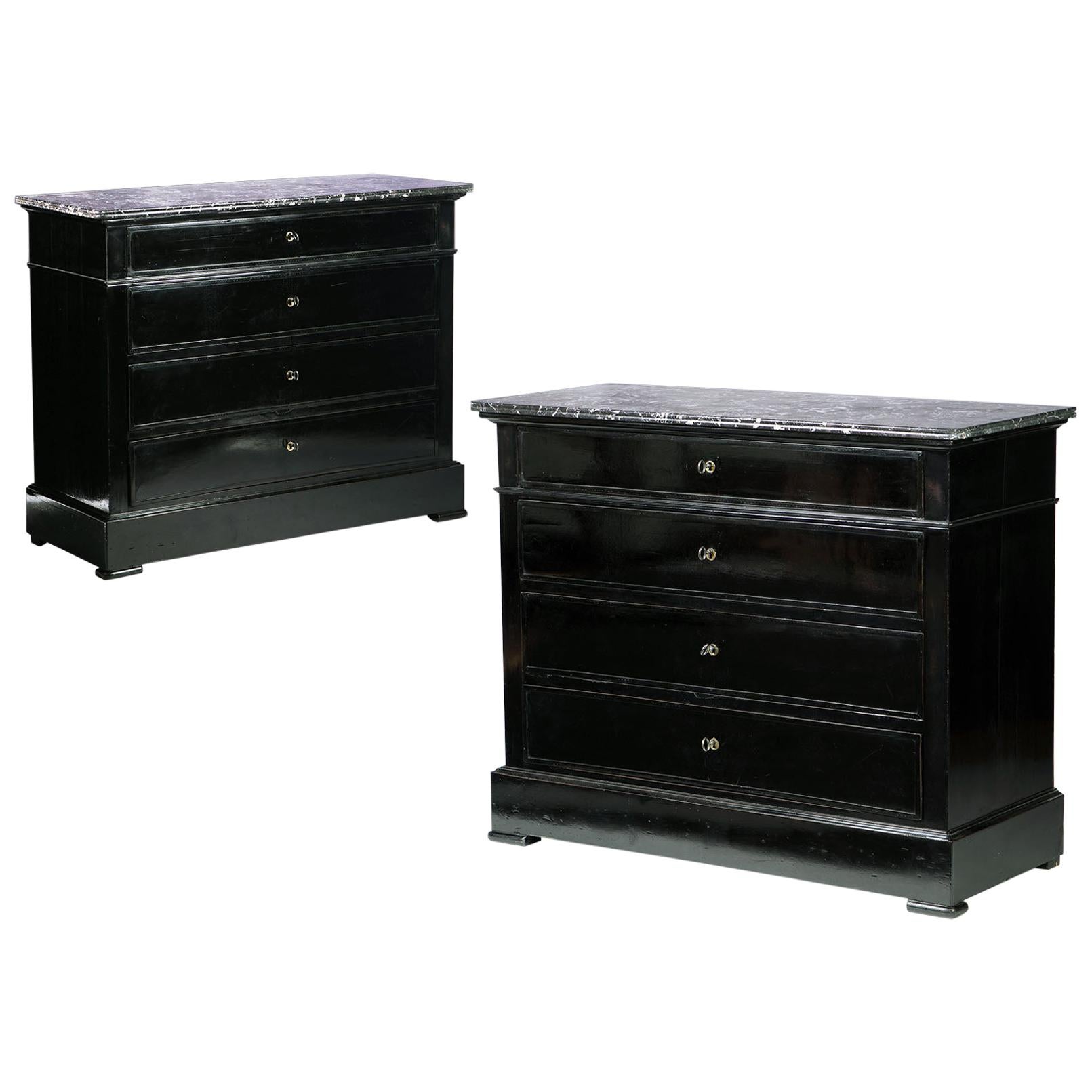 Pair of Black Ebonized 19th Century French Commodes with Grey Marble Tops