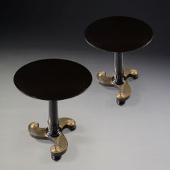 Pair of Black Ebonised and Brass Metal Circular Occasional Tables, Tripod Base