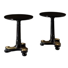 Pair of Black Ebonised and Brass Metal Circular Occasional Tables, Tripod Base