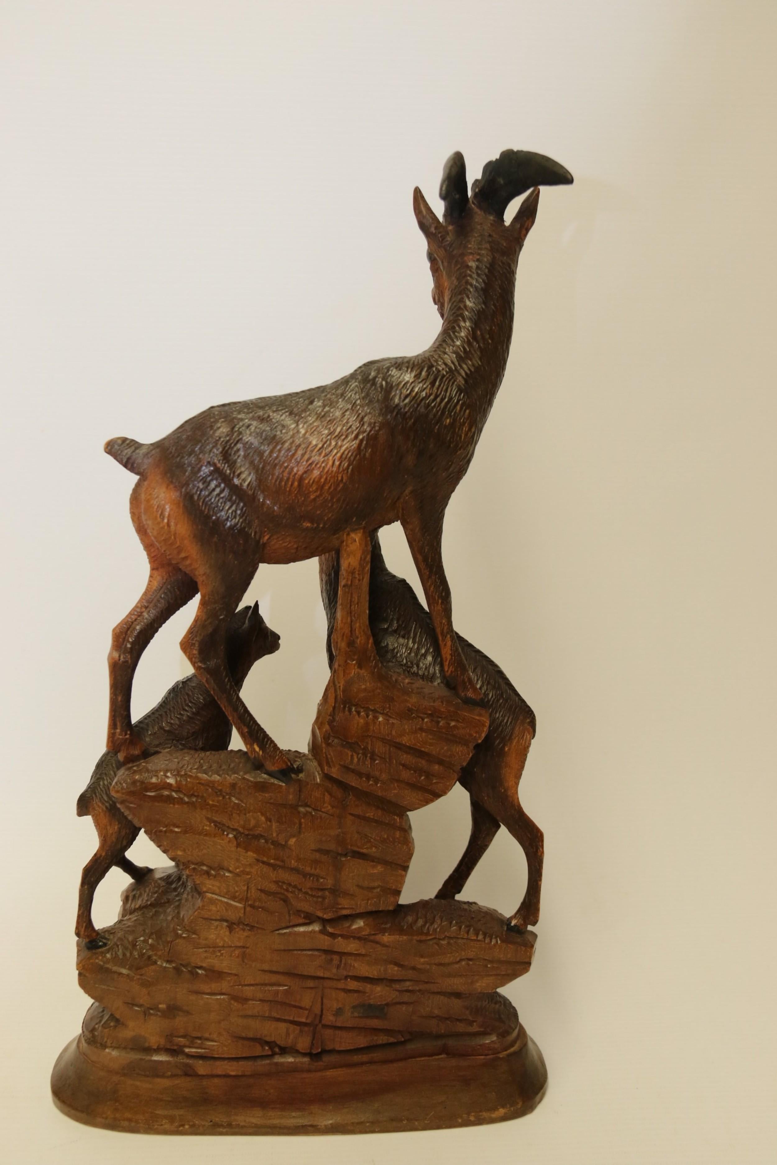 Pair of Black Forest Hand Carved Figure Groups of Ibex and Chamois, circa 1900 For Sale 1