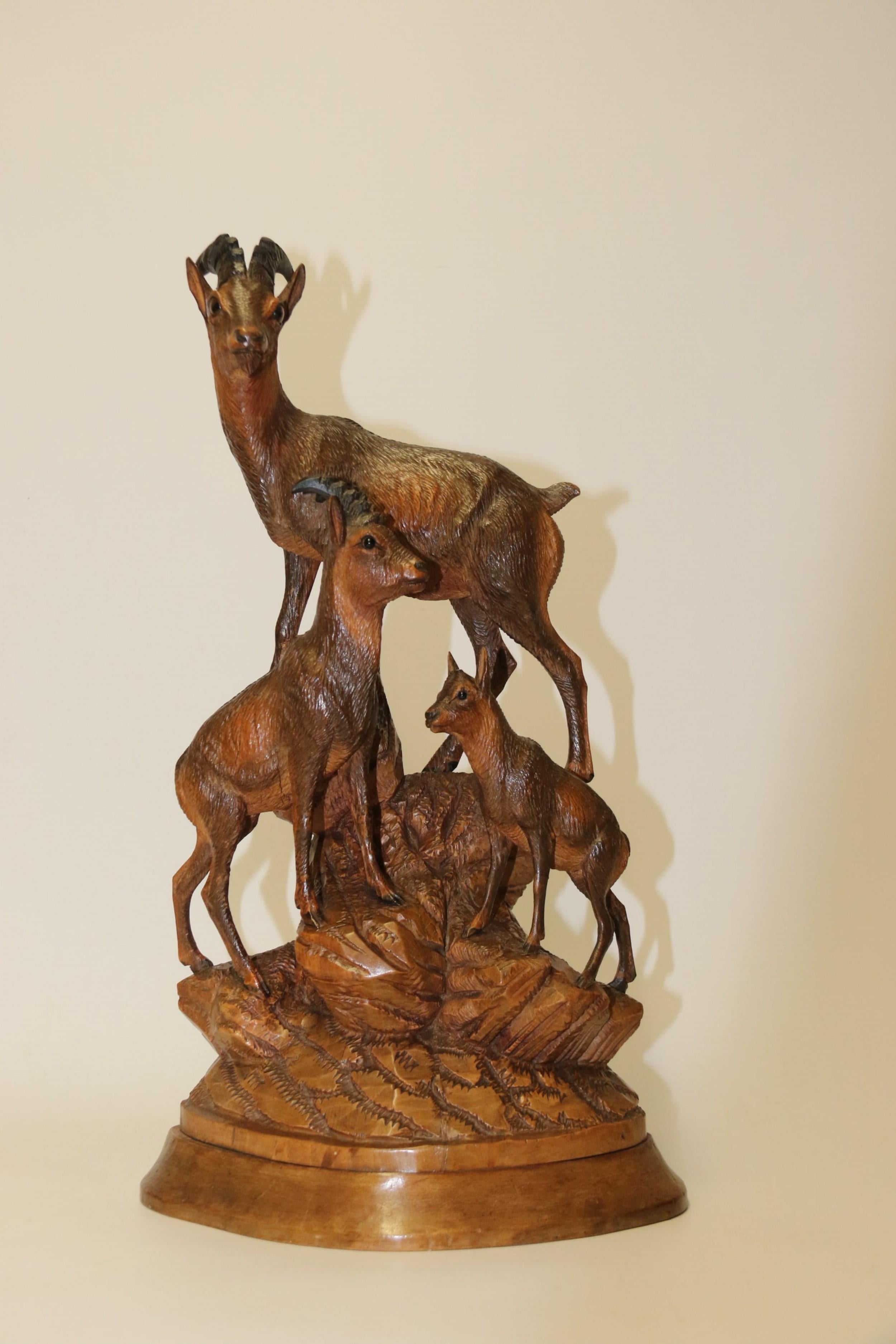 Pair of Black Forest Hand Carved Figure Groups of Ibex and Chamois, circa 1900 For Sale 4