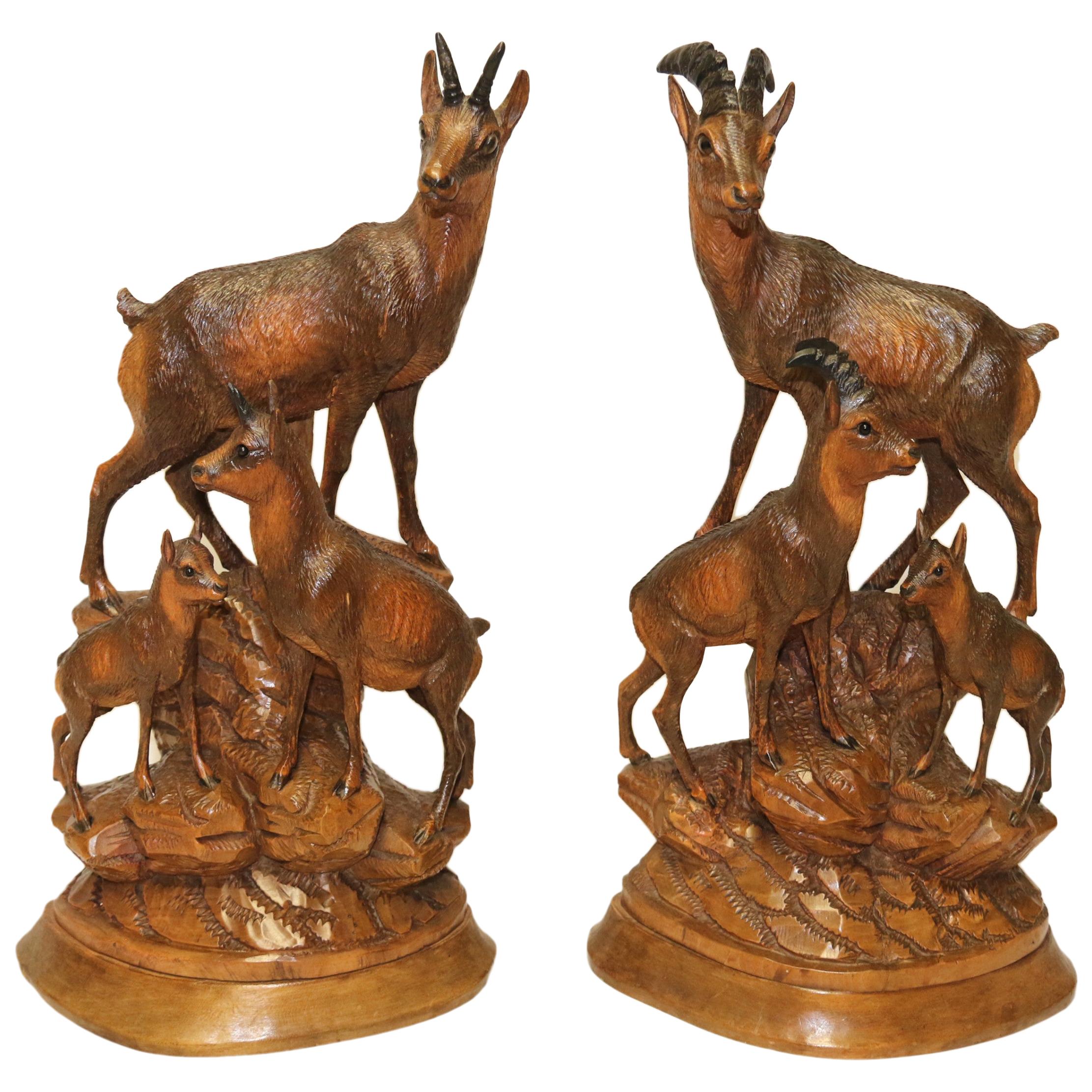 Pair of Black Forest Hand Carved Figure Groups of Ibex and Chamois, circa 1900 For Sale