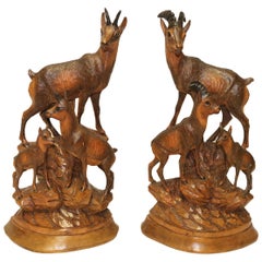 Pair of Black Forest Hand Carved Figure Groups of Ibex and Chamois, circa 1900