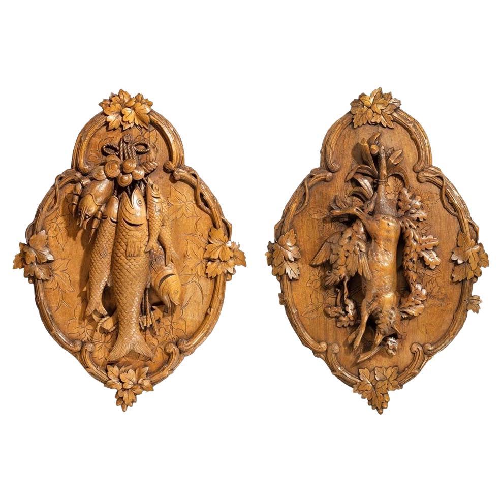 Pair of ‘Black Forest’ Walnut Game Plaques Attributed to Johann Flück