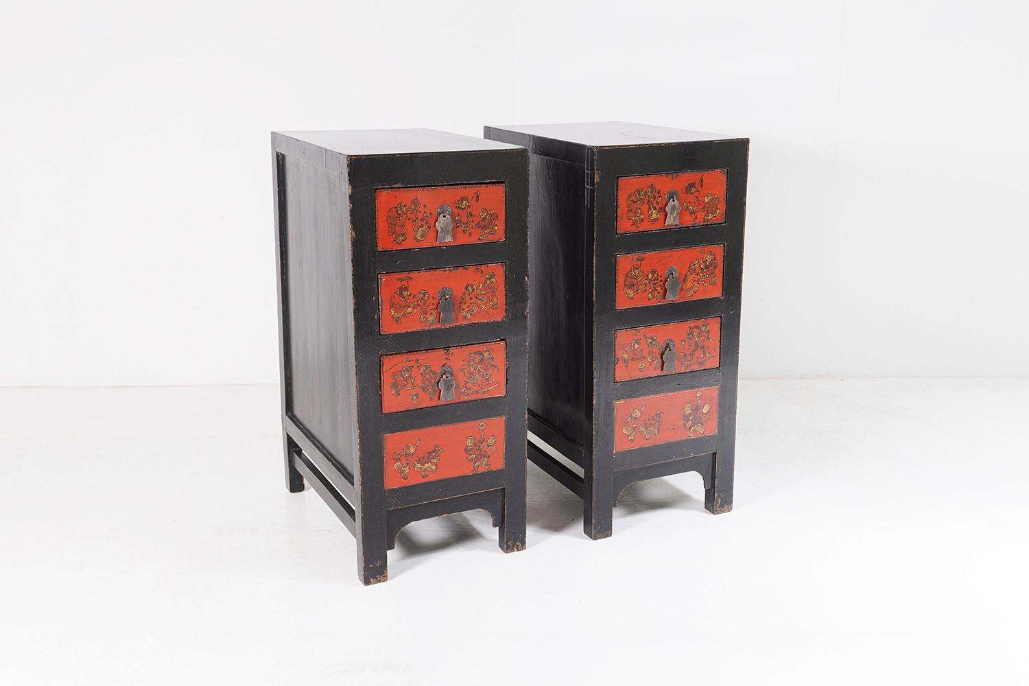 A vibrant pair of Japanned bedside tables, early to mid-20th century. Featuring three drawers with an additional false drawer to the bottom, providing a secret compartment accessed by pulling out the bottom drawer. Unusual flat nickel bronze drawer