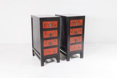 Pair of Black Lacquered Japanned Chinoiserie Drawer Chests Nightstands