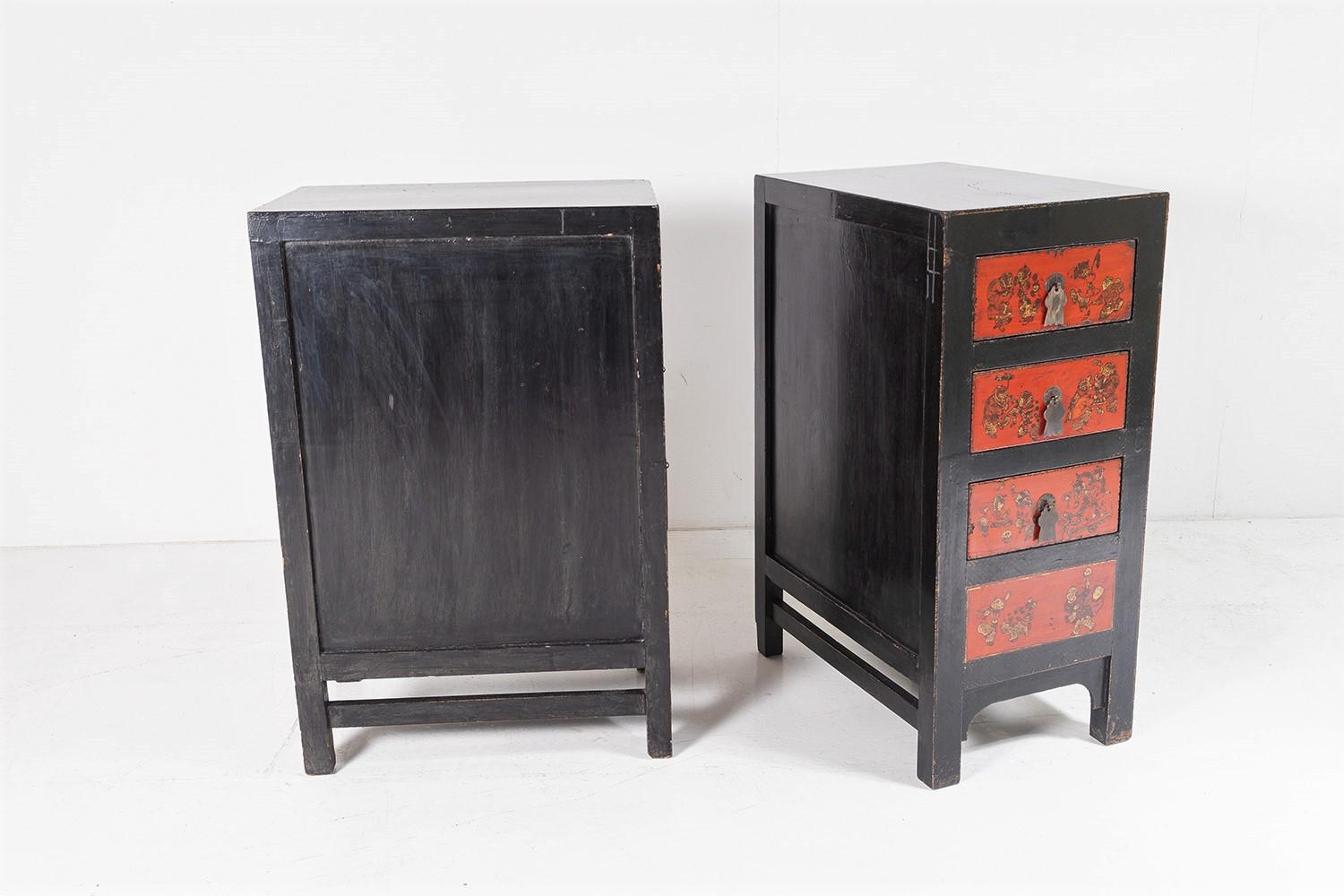 British Pair of Black Lacquered Japanned Chinoiserie Drawer Chests Nightstands