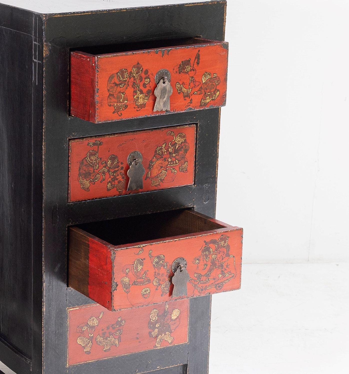 Pair of Black Lacquered Japanned Chinoiserie Drawer Chests Nightstands 2