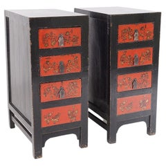 Pair of Black Lacquered Japanned Chinoiserie Drawer Chests Nightstands