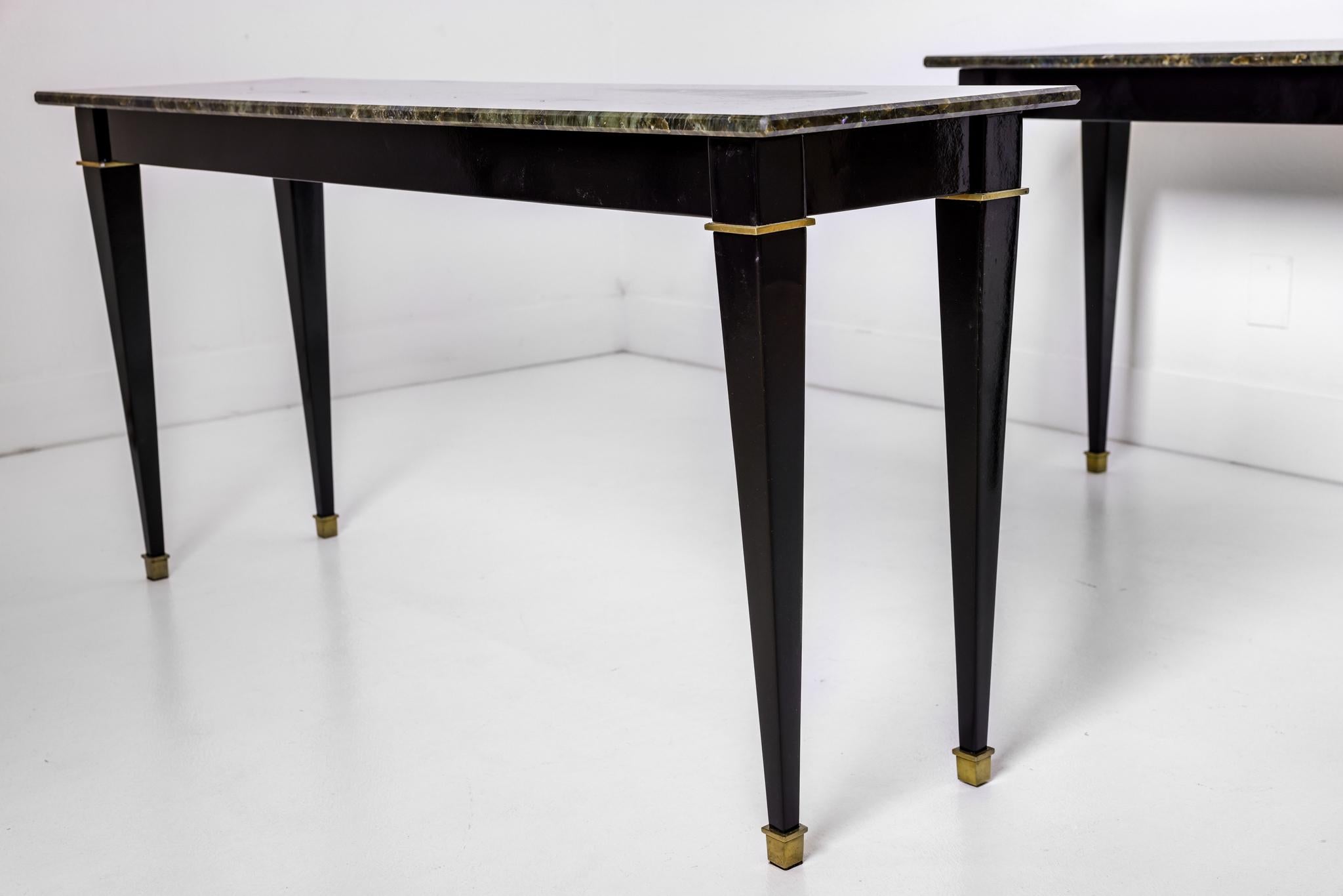Neoclassical Pair of Black Lacquered Neo Classic Style Consoles with Labradorite Tops For Sale