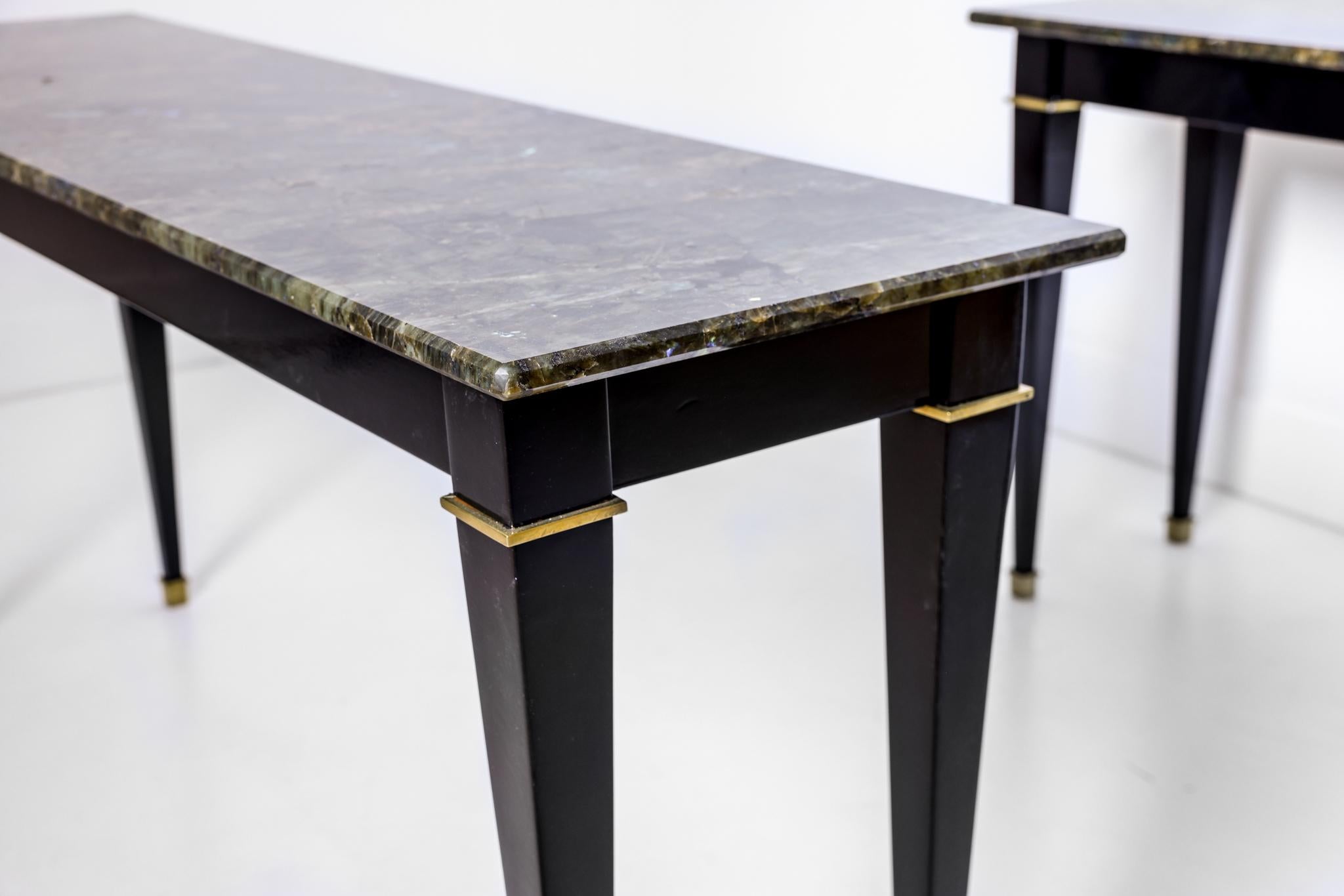 American Pair of Black Lacquered Neo Classic Style Consoles with Labradorite Tops For Sale