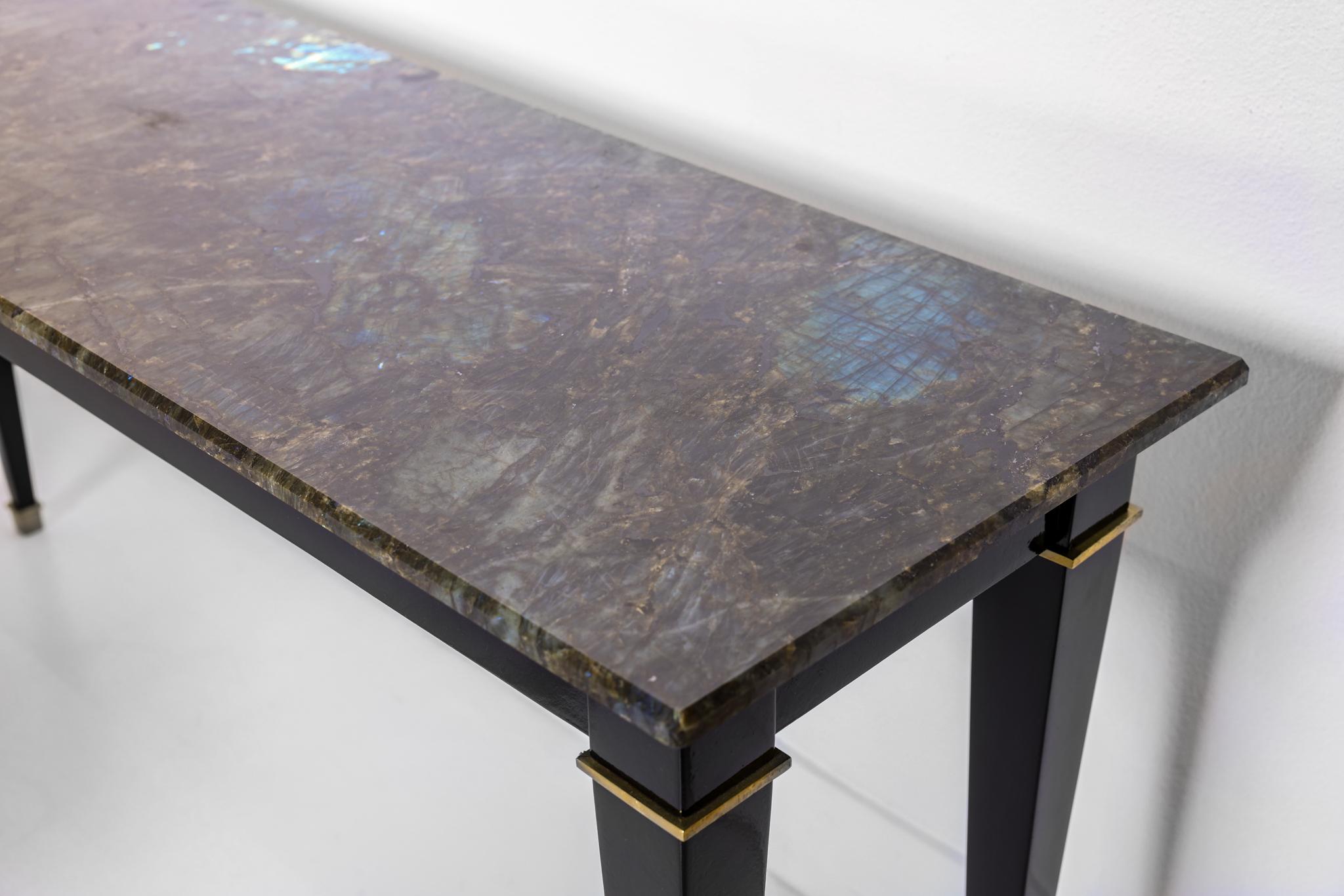 Late 20th Century Pair of Black Lacquered Neo Classic Style Consoles with Labradorite Tops For Sale
