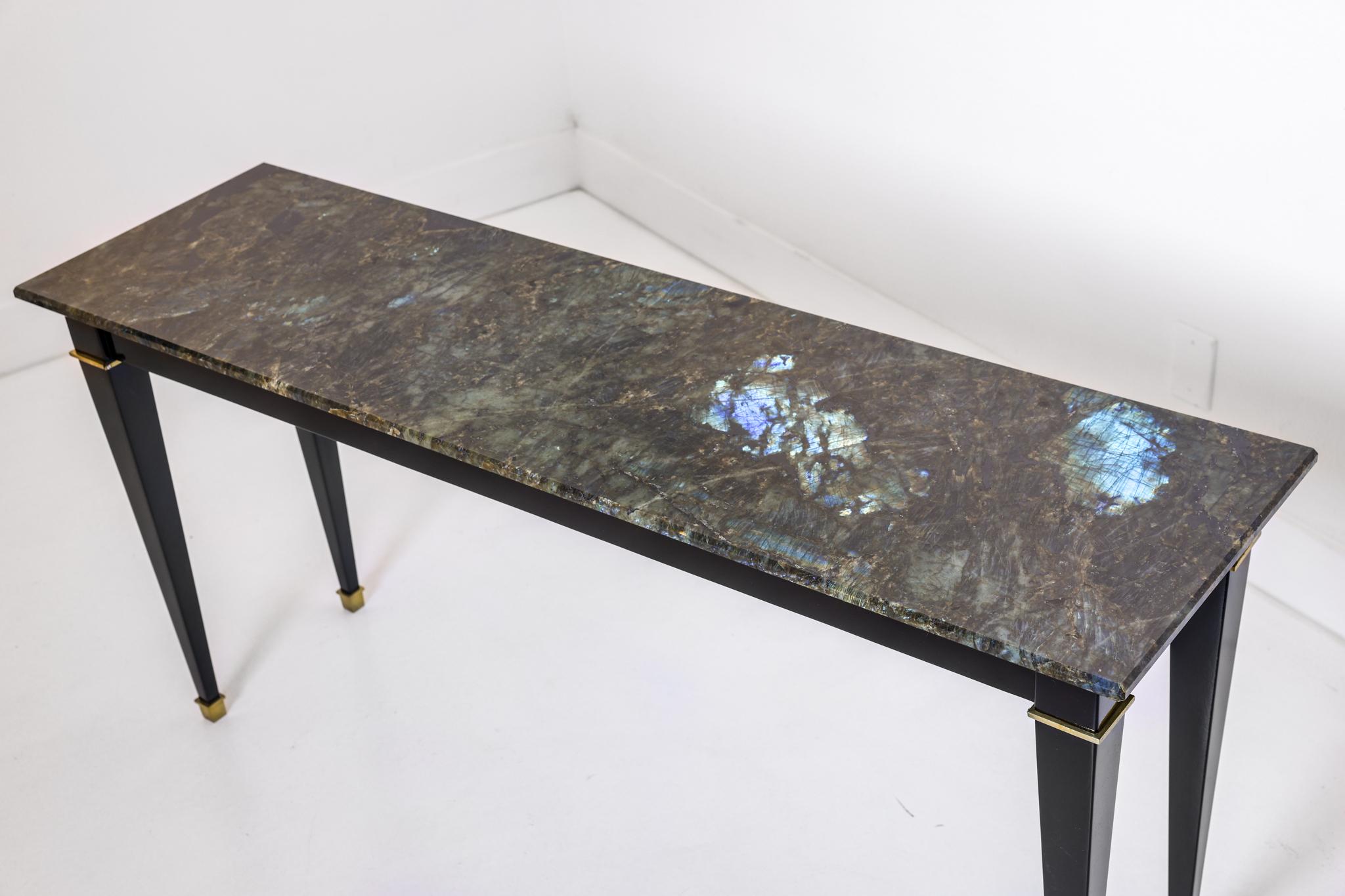 Brass Pair of Black Lacquered Neo Classic Style Consoles with Labradorite Tops For Sale
