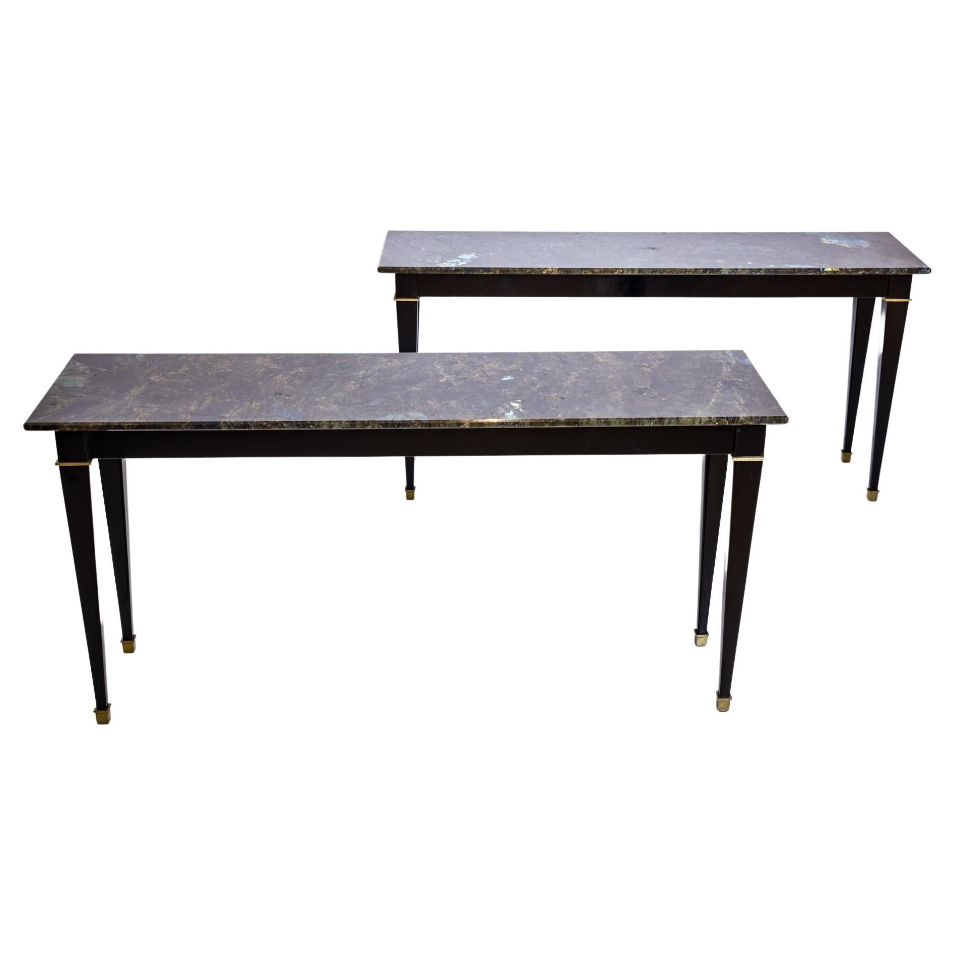 Pair of Black Lacquered Neo Classic Style Consoles with Labradorite Tops For Sale
