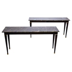 Used Pair of Black Lacquered Neo Classic Style Consoles with Labradorite Tops