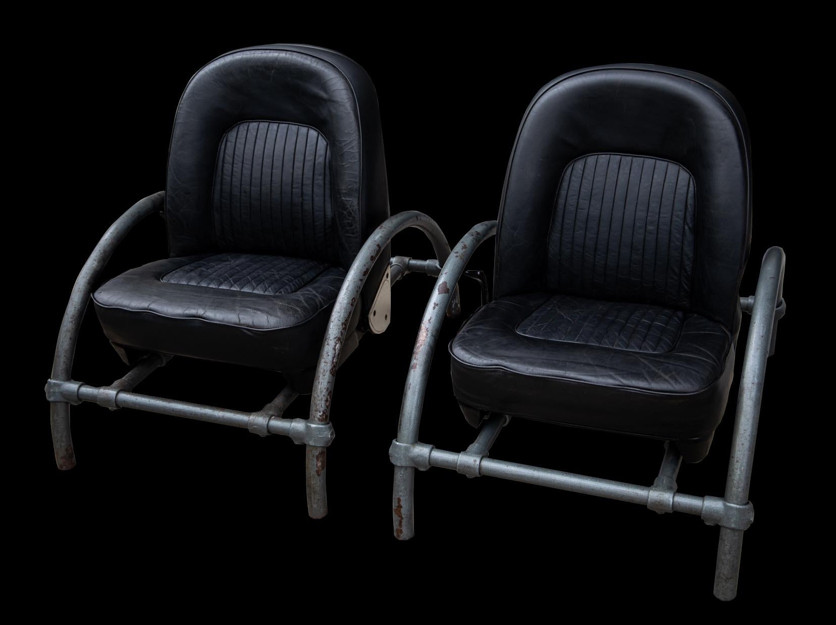 British Pair of Black Leather Ron Arad Rover Chairs by One Off Ltd, London, Early 80s