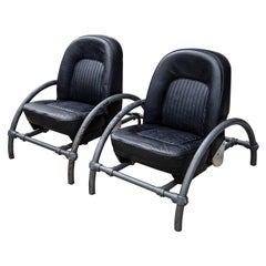 Pair of Black Leather Ron Arad Rover Chairs by One Off Ltd, London, Early 80s