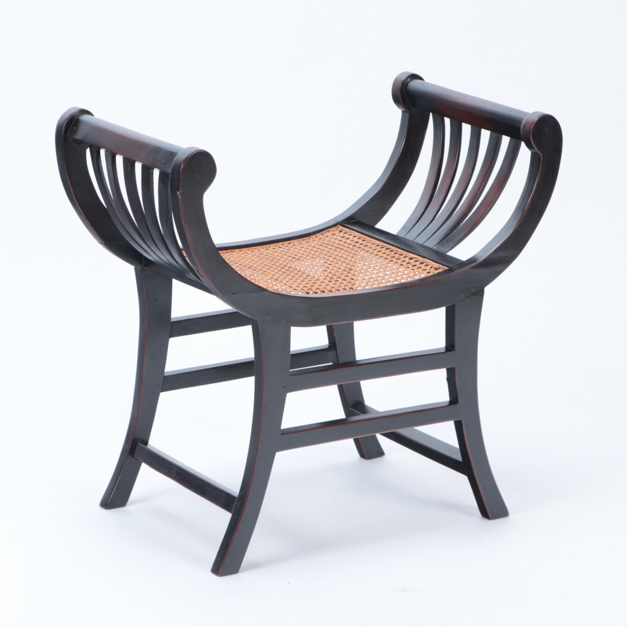 A Pair of Black Teak Rattan Curved Sartika Stools Benches. Contemporary.