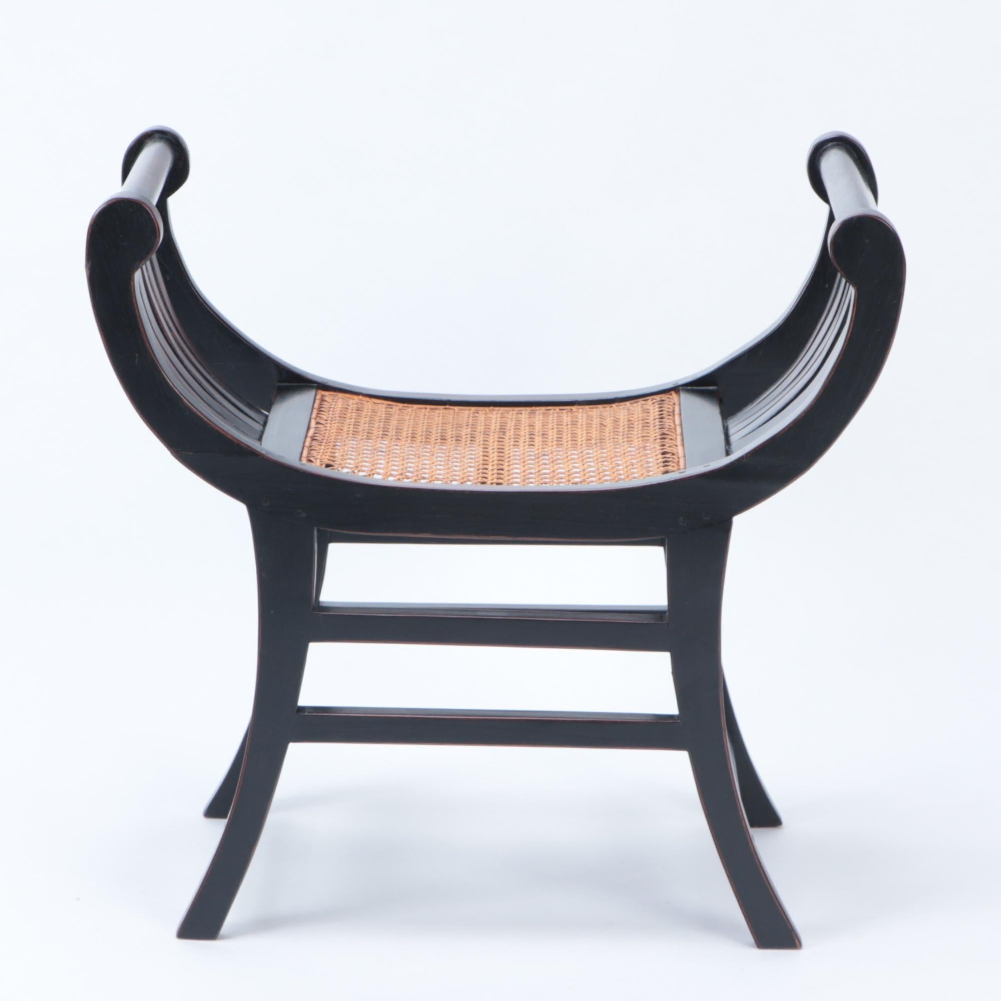 Contemporary Pair of Black Teak Rattan Curved Sartika Stools or Benches