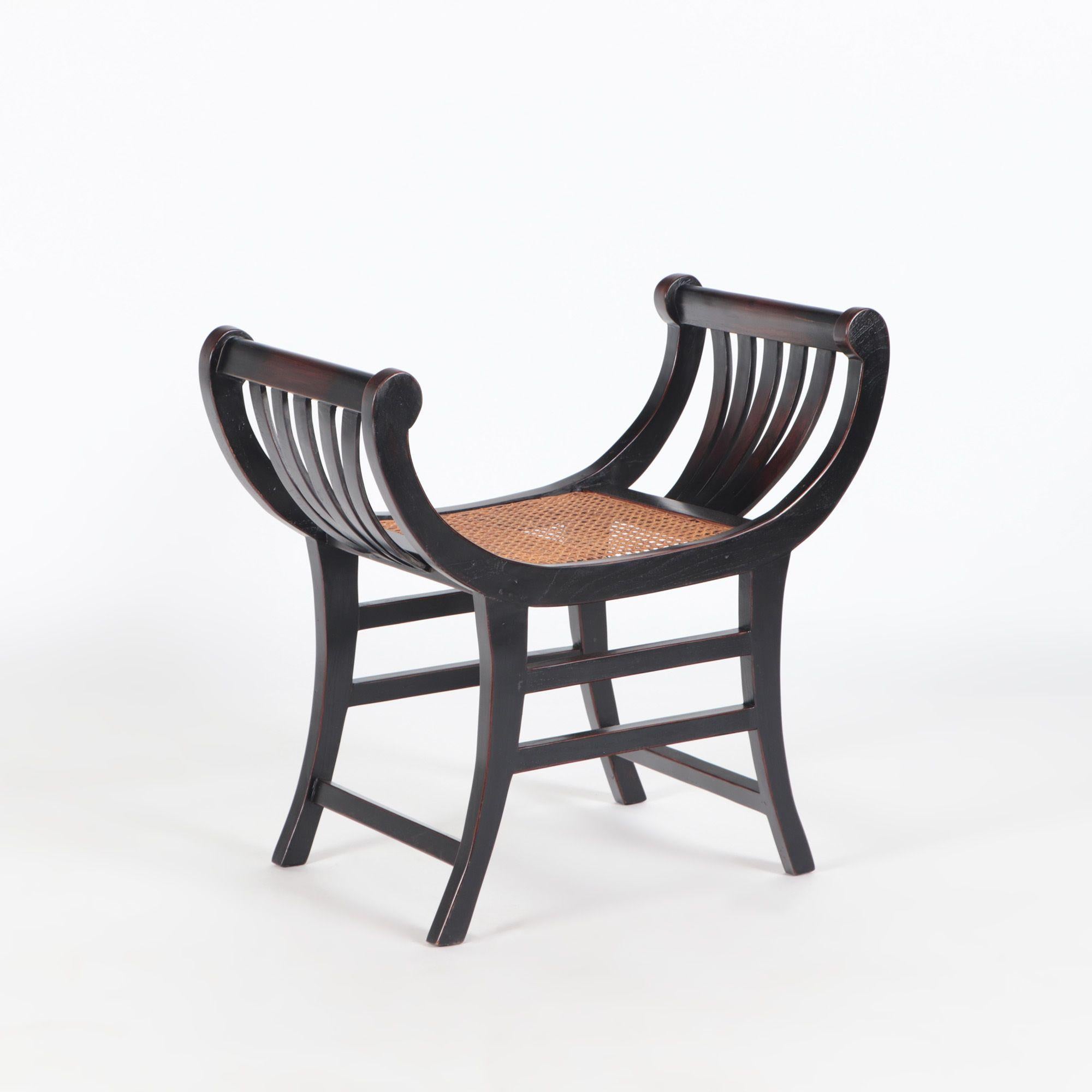 Contemporary Pair of Black Teak Rattan Curved Sartika Stools or Benches