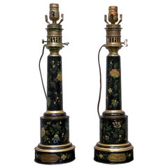 Pair of Black Tôle Painted Lamps, 19th Century