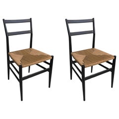 A pair of Black Wooden Gio Ponti Leggera Chairs with Cord Seats, Italy 1951