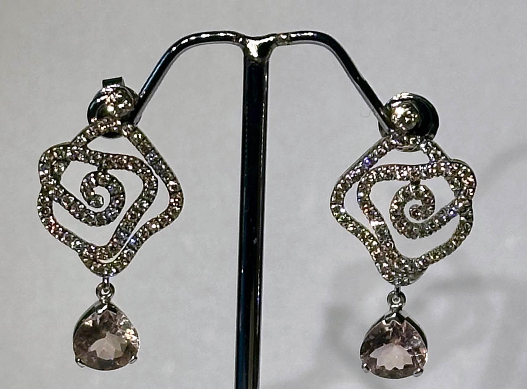 Contemporary A Pair of Blackened 18kt White Gold Diamond Earrings with Morganite Dangles For Sale