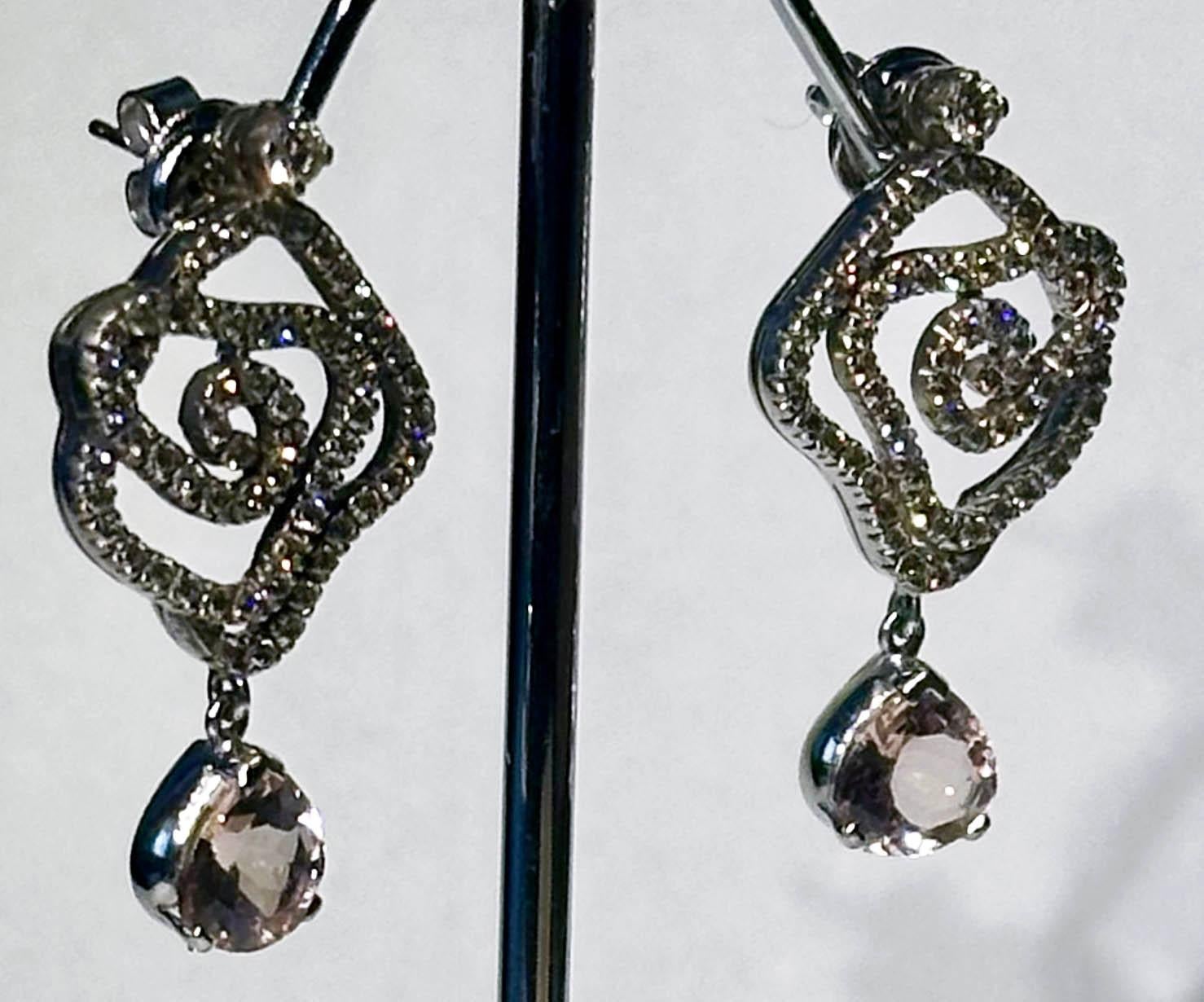 Brilliant Cut A Pair of Blackened 18kt White Gold Diamond Earrings with Morganite Dangles For Sale