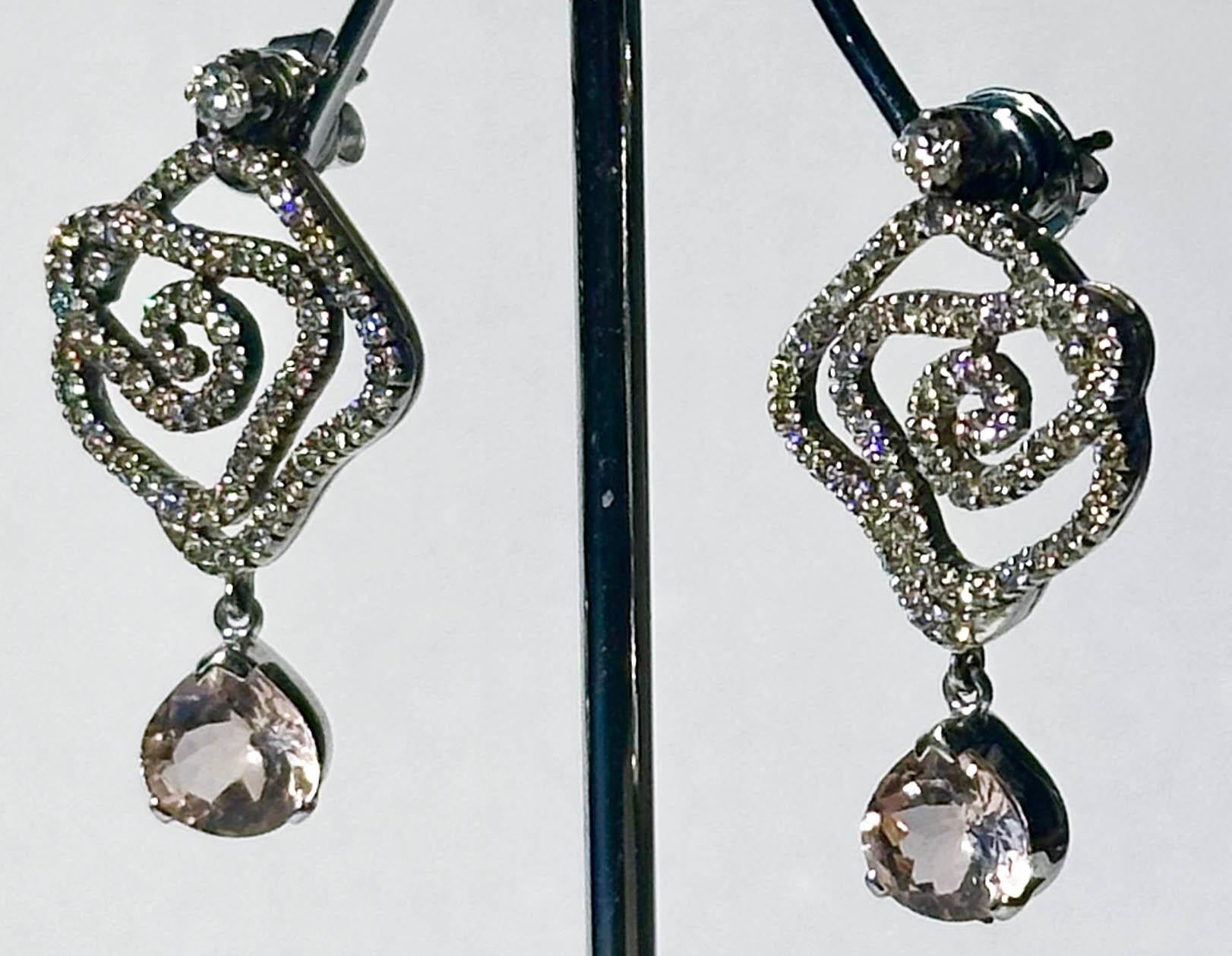 A Pair of Blackened 18kt White Gold Diamond Earrings with Morganite Dangles In Excellent Condition For Sale In Coupeville, WA