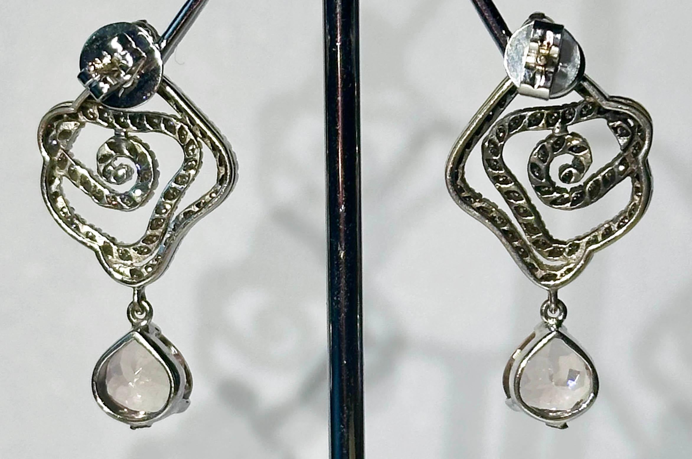 Women's A Pair of Blackened 18kt White Gold Diamond Earrings with Morganite Dangles For Sale