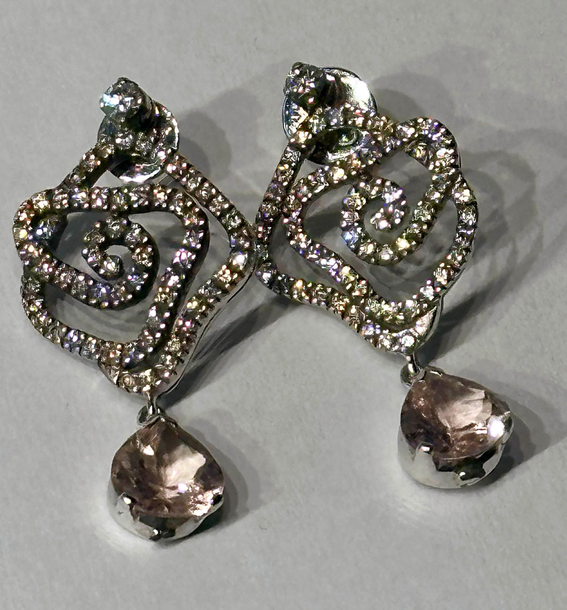 A Pair of Blackened 18kt White Gold Diamond Earrings with Morganite Dangles For Sale 1