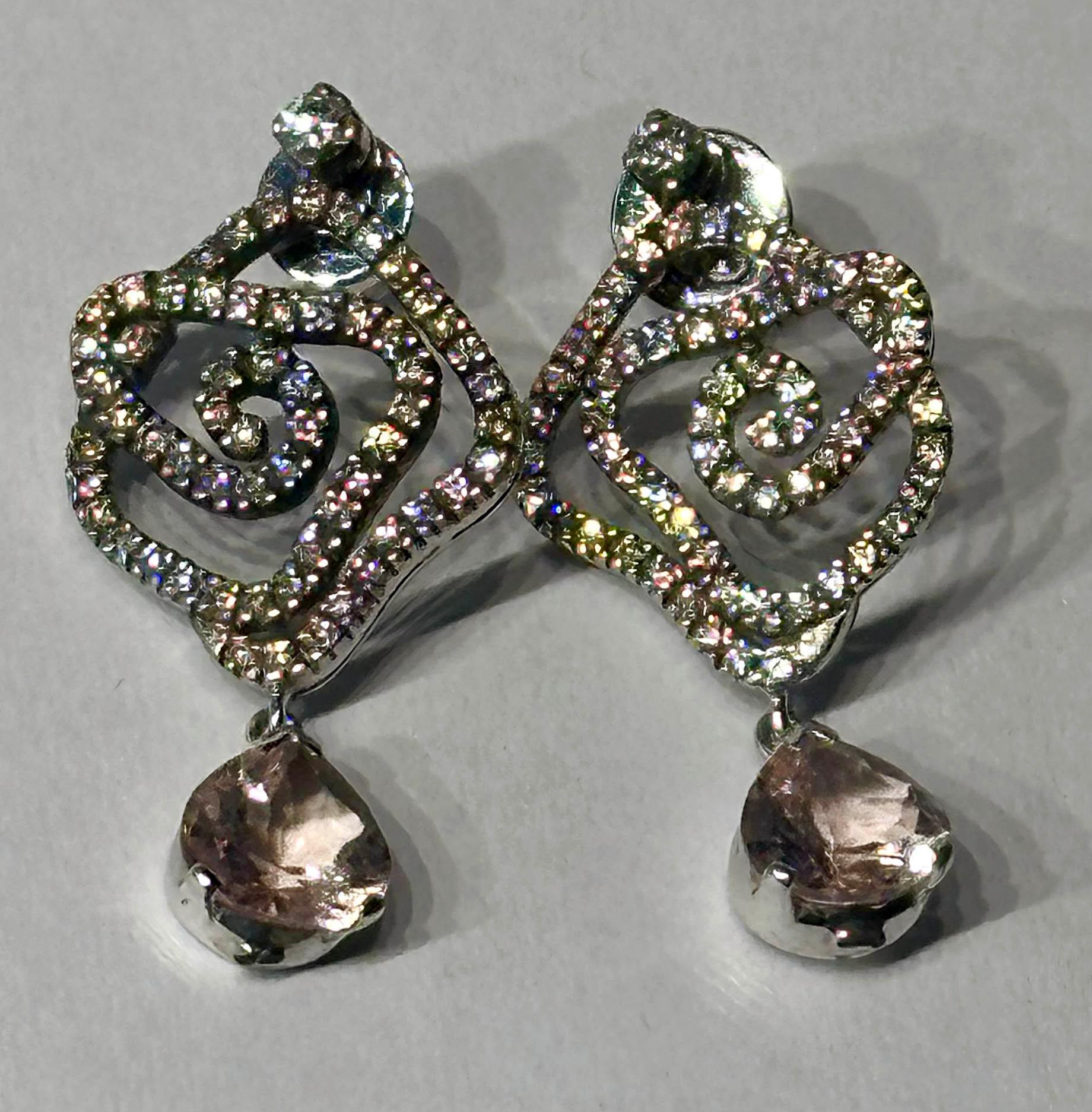 A Pair of Blackened 18kt White Gold Diamond Earrings with Morganite Dangles For Sale 2