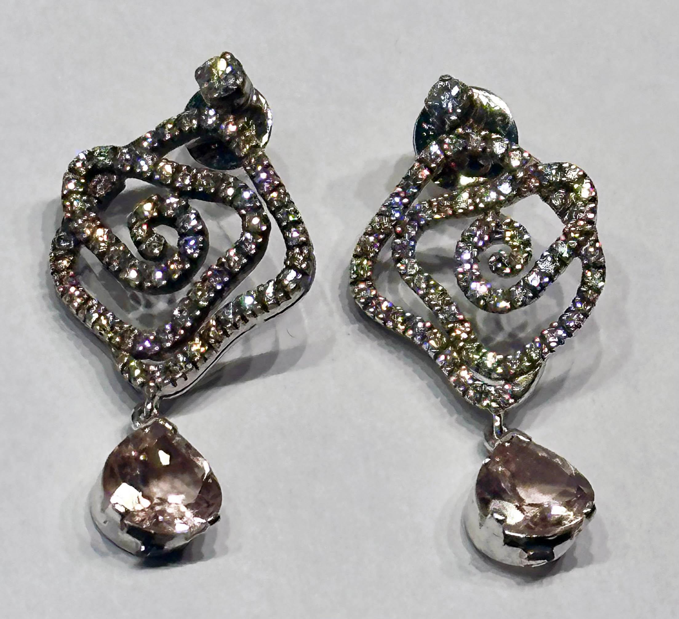 A Pair of Blackened 18kt White Gold Diamond Earrings with Morganite Dangles For Sale 3