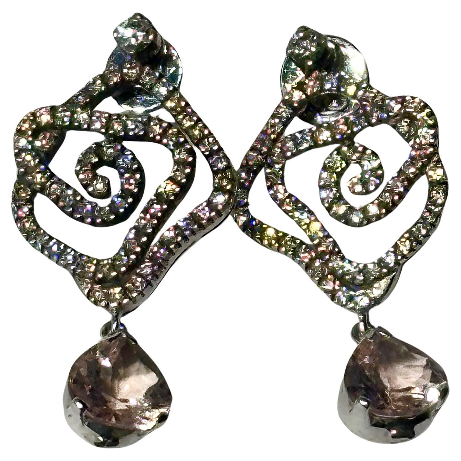 A Pair of Blackened 18kt White Gold Diamond Earrings with Morganite Dangles For Sale