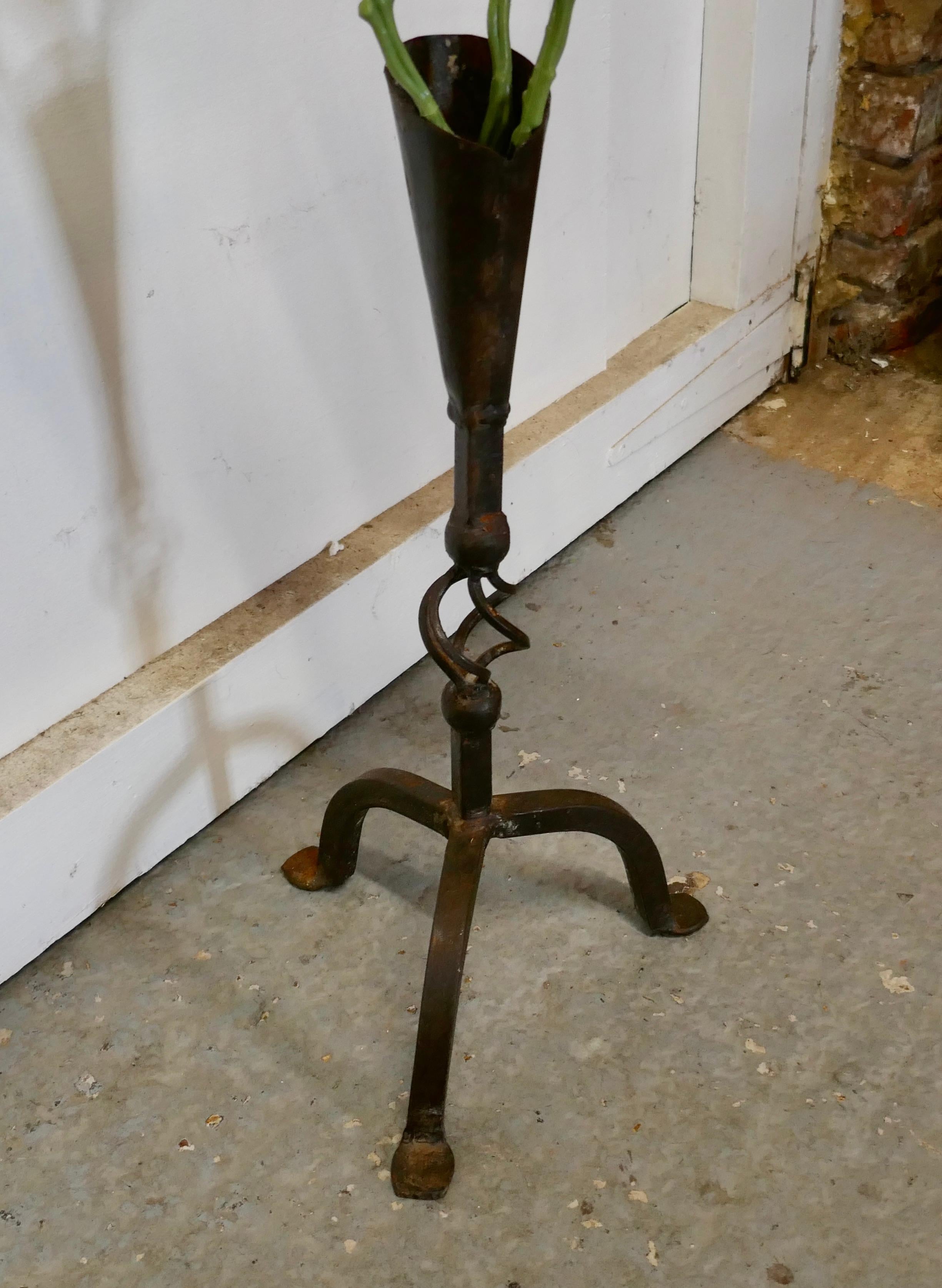 Folk Art Pair of Blacksmith Made Gothic Wrought Iron Candle Sticks For Sale