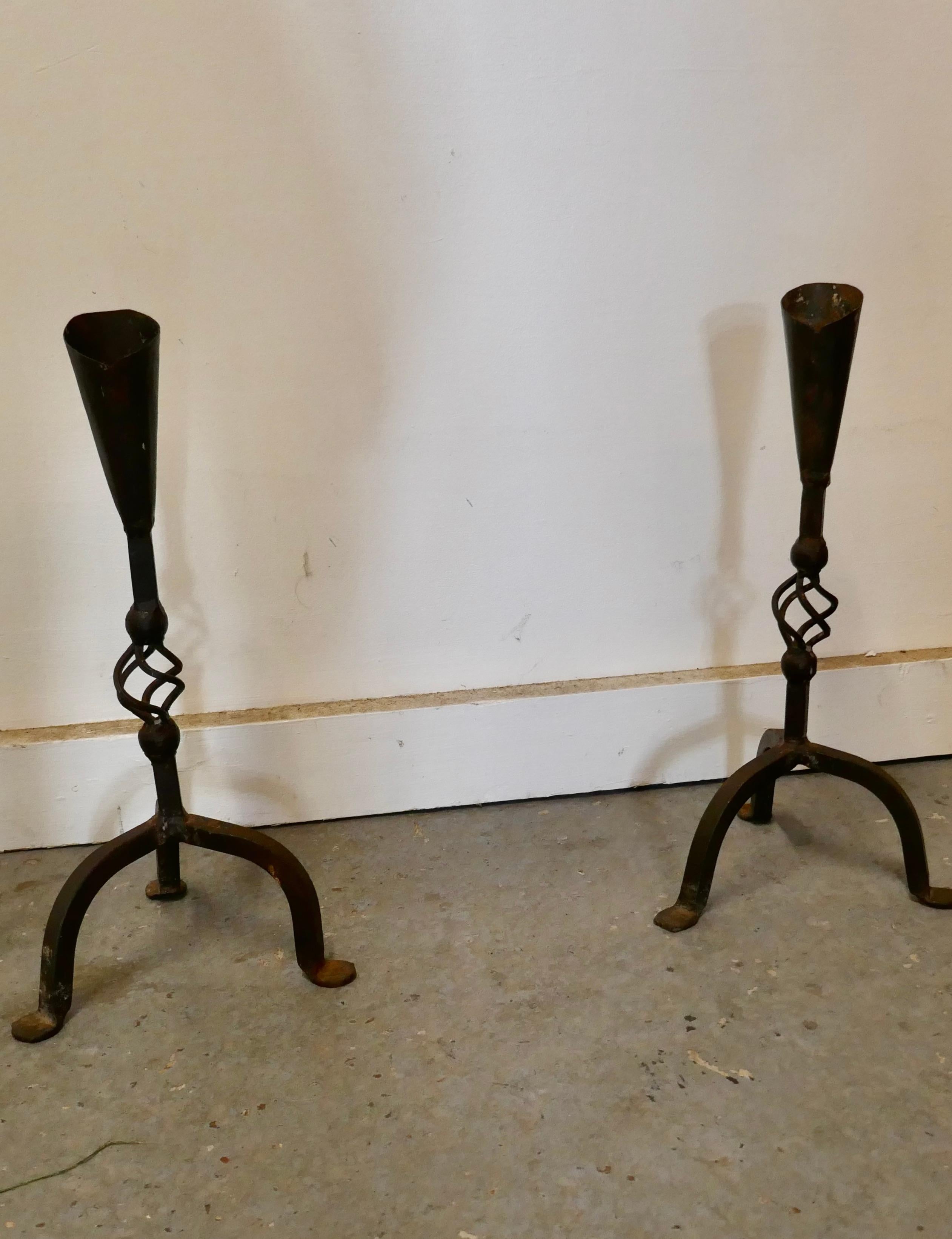 Pair of Blacksmith Made Gothic Wrought Iron Candle Sticks In Good Condition For Sale In Chillerton, Isle of Wight