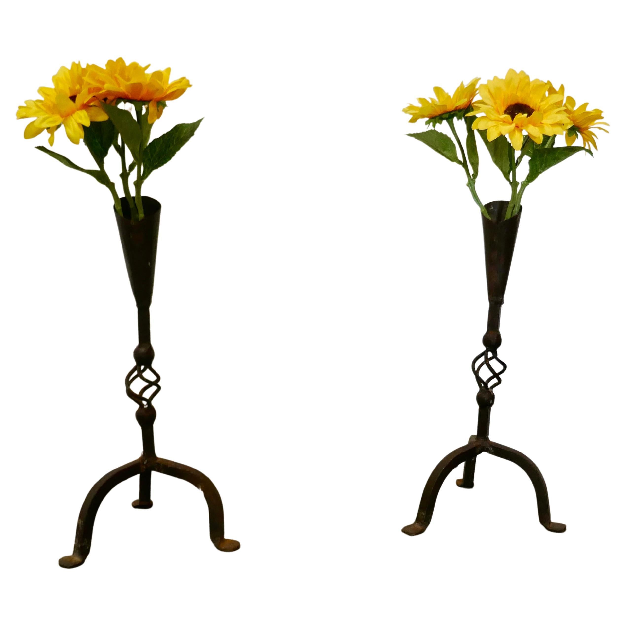 Pair of Blacksmith Made Gothic Wrought Iron Candle Sticks For Sale