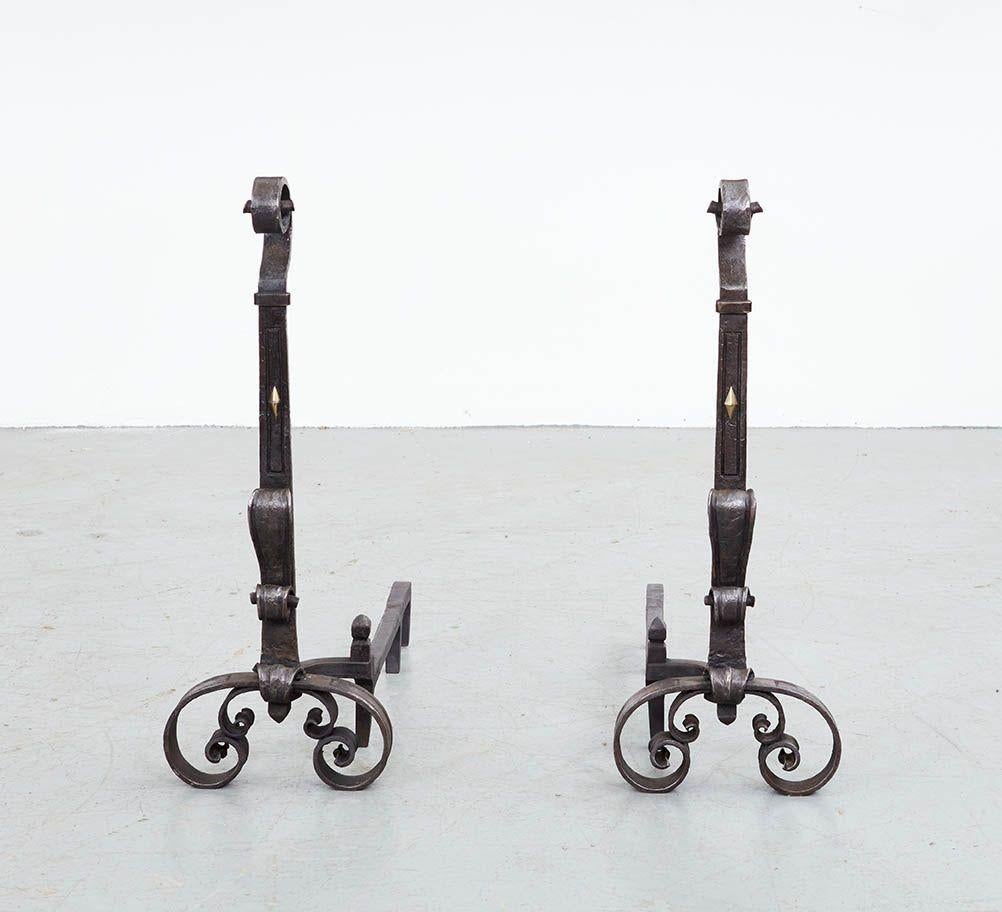 19th Century A Pair of Blacksmith-Made Scrollwork Andirons For Sale