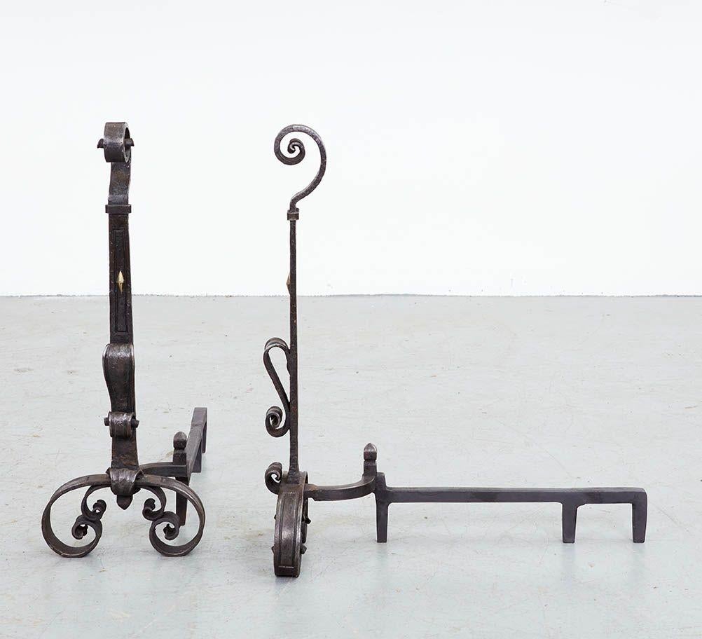 Iron A Pair of Blacksmith-Made Scrollwork Andirons For Sale