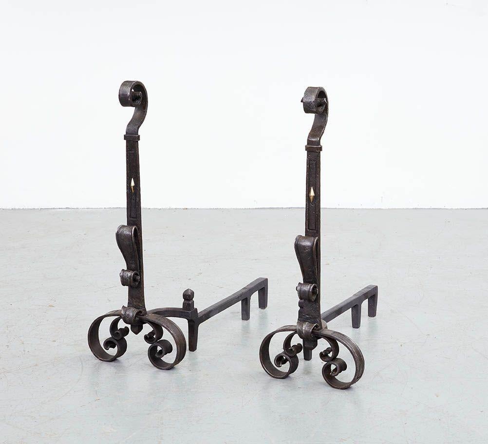 A Pair of Blacksmith-Made Scrollwork Andirons For Sale 1