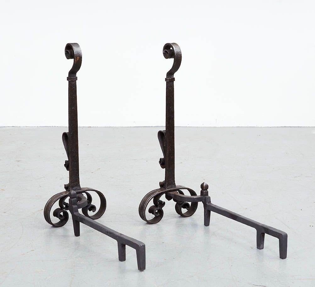 A Pair of Blacksmith-Made Scrollwork Andirons For Sale 2