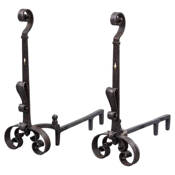 A Pair of Blacksmith-Made Scrollwork Andirons For Sale